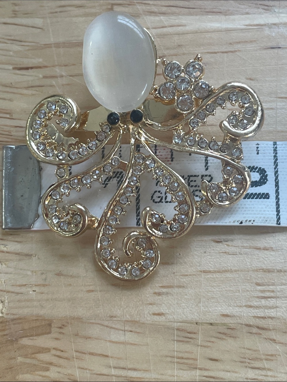Gold-Tone Crystal Octopus Brooch with Cat eye stone Accent - White 2” New - Picture 4 of 5